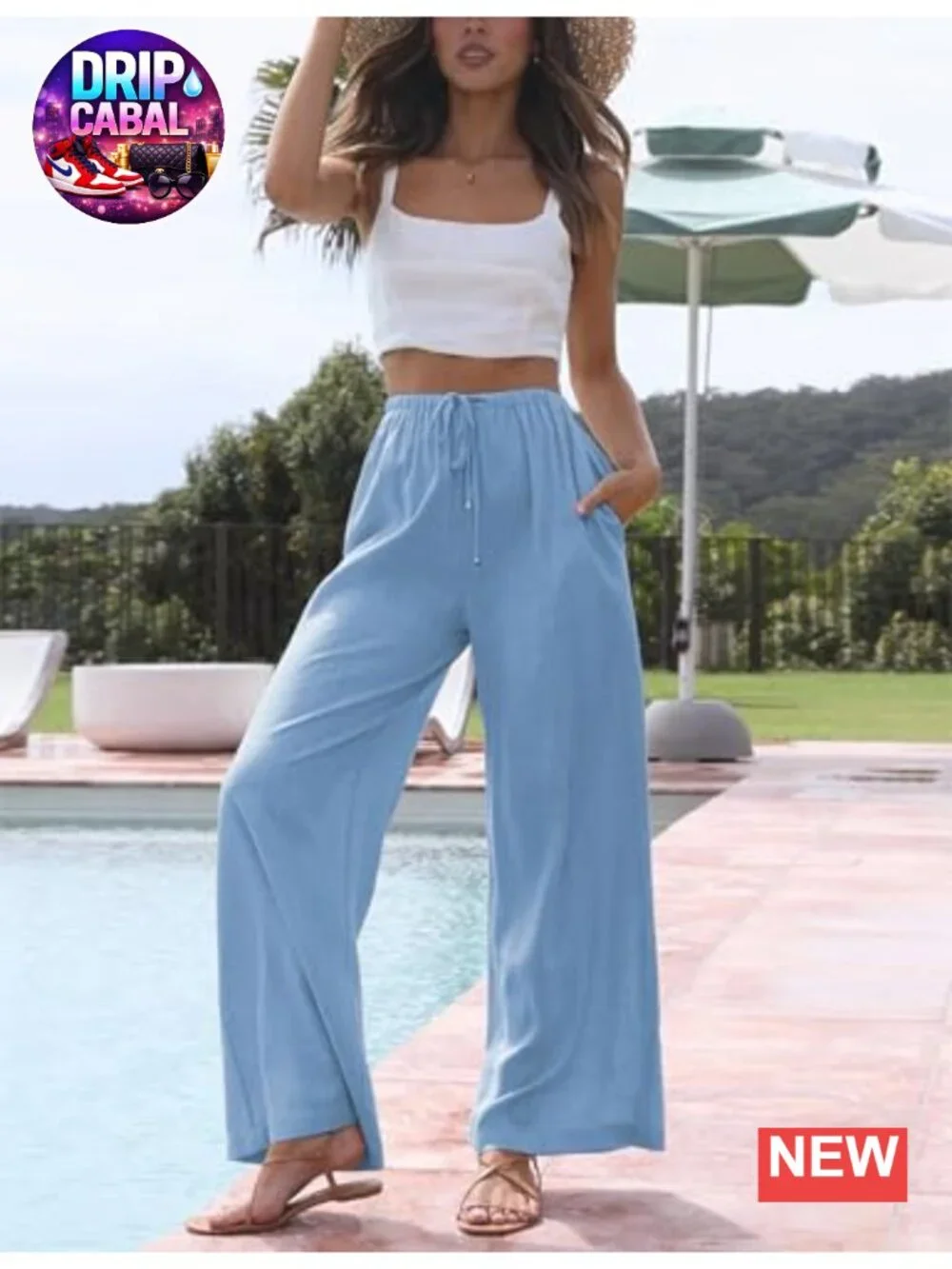 Womens Cotton Linen Wide Leg Palazzo Pants Flowy Beach Trousers with Pockets